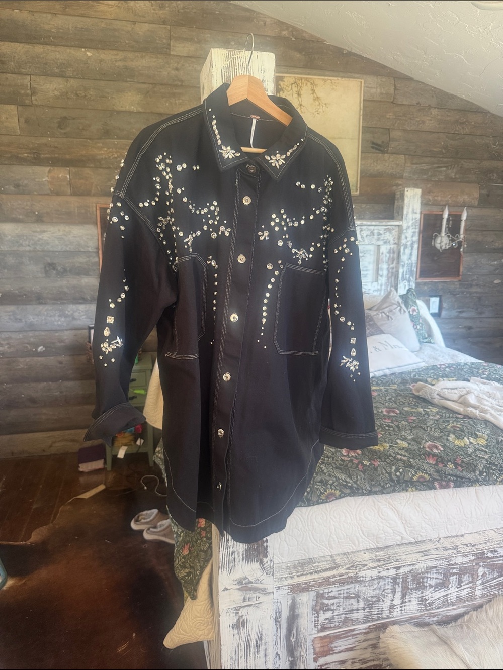 Free People Black Embellished Studded Trench Jacket